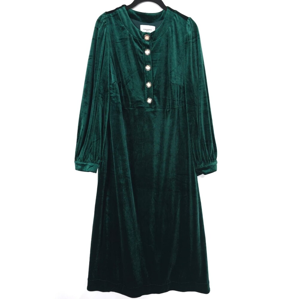 POMANDER Place Women's NWOT Dress Velvet Green LARGE Button Front B1089